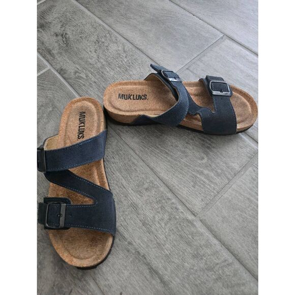 Women's Muk‎ Luks Poppy Sandal Double Strap Navy Blue Size 7 Suede - Picture 1 of 6